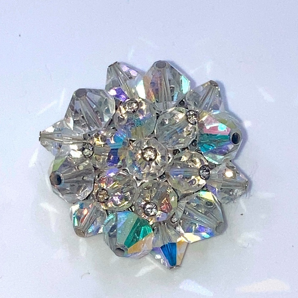 Vtg AB Aurora Crystal Bead Beaded Floral Flower Brooch / 1.5”